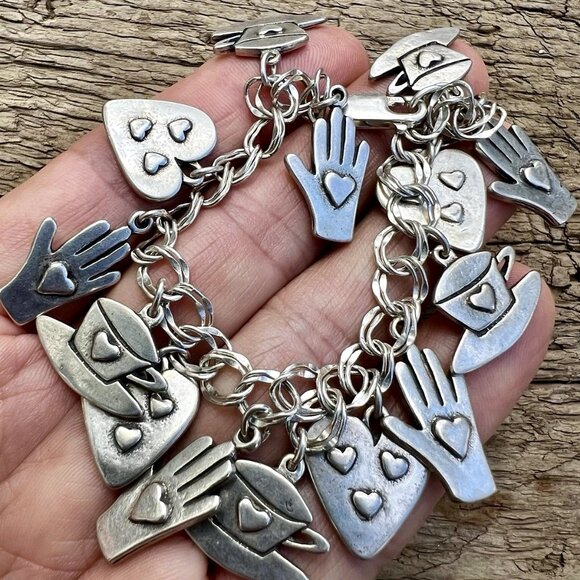 Sundance $538 NEW 7.5” Heart Hand Hat Silver Double Link Charm Handmade Bracelet - Picture 2 of 15